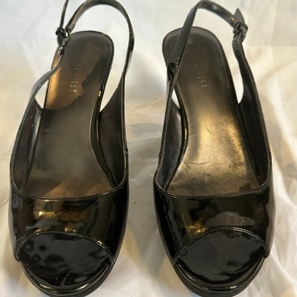 Nine West Black Patent Leather Platform Peep Toe Slingback heels Size 8